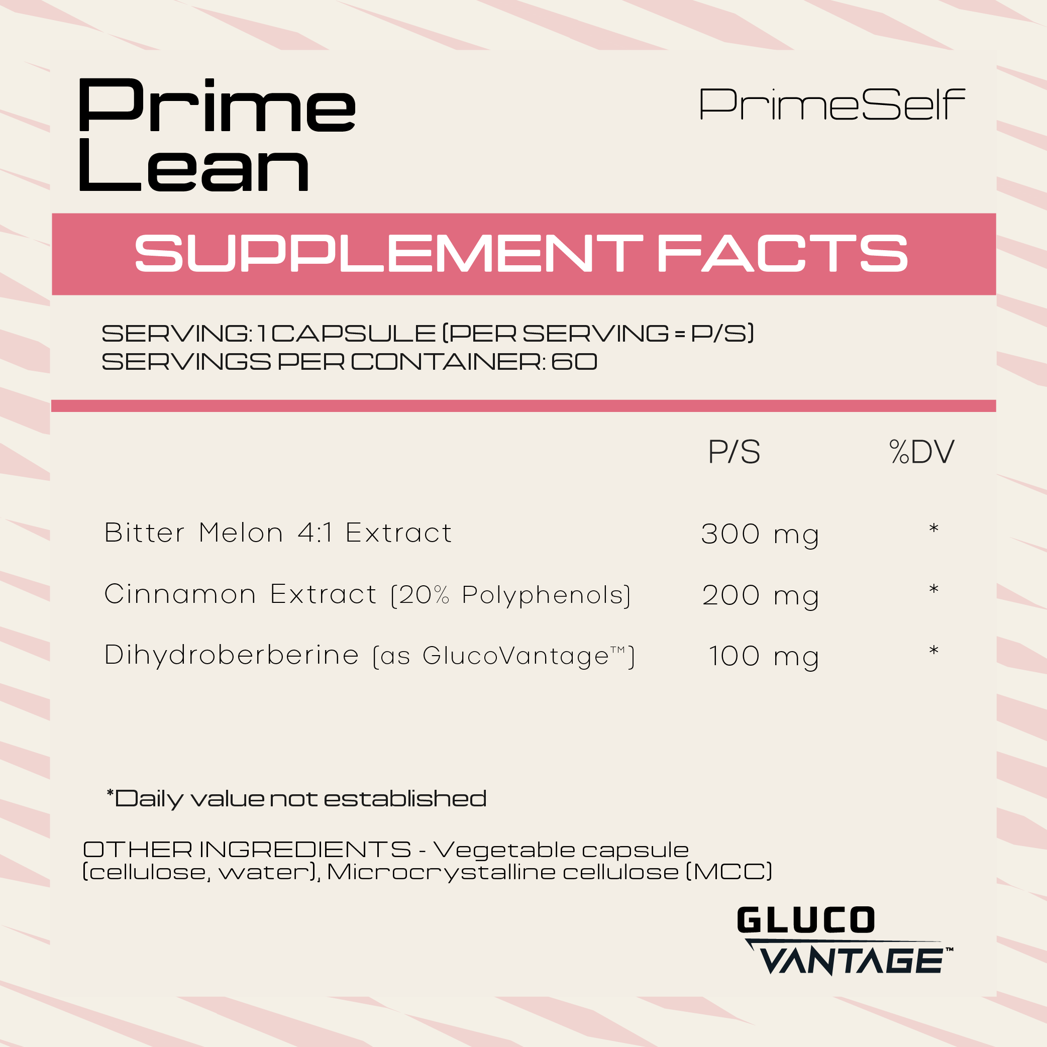 Supplement facts label for Prime Lean by PrimeSelf with ingredient list and GlucoVantage branding.
