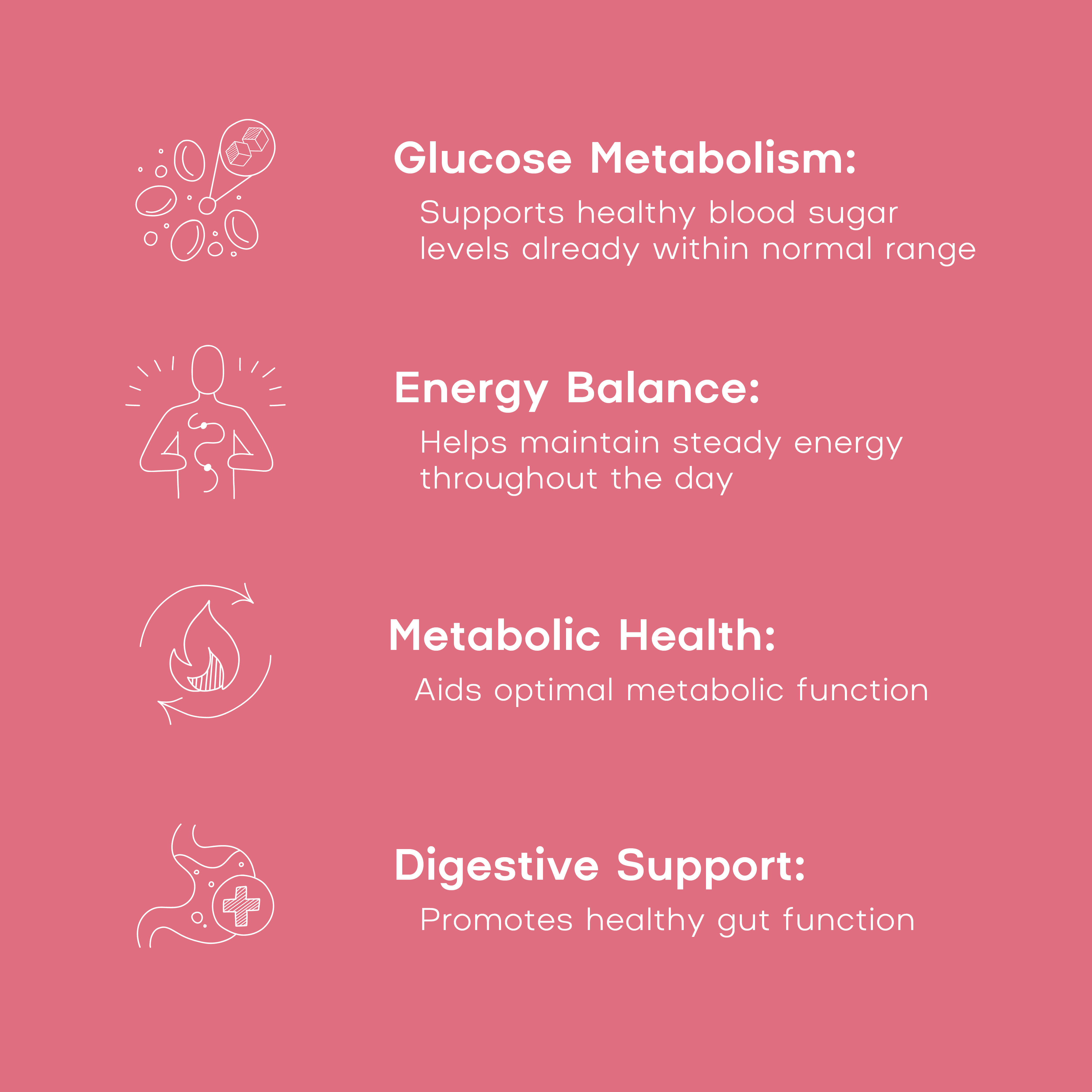 Health benefits of a supplement on a pink background