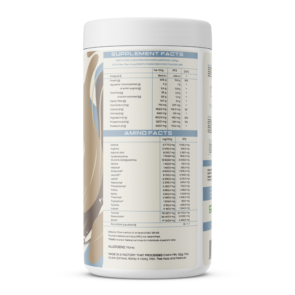 Grass-Fed Whey Protein - tub nutritional facts view - PrimeSelf