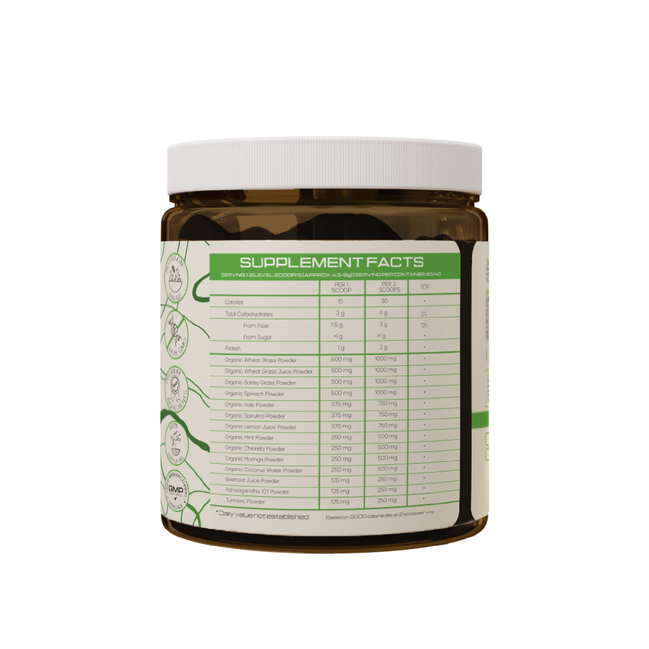 Organic Super Greens - back label supplement facts - PrimeSelf