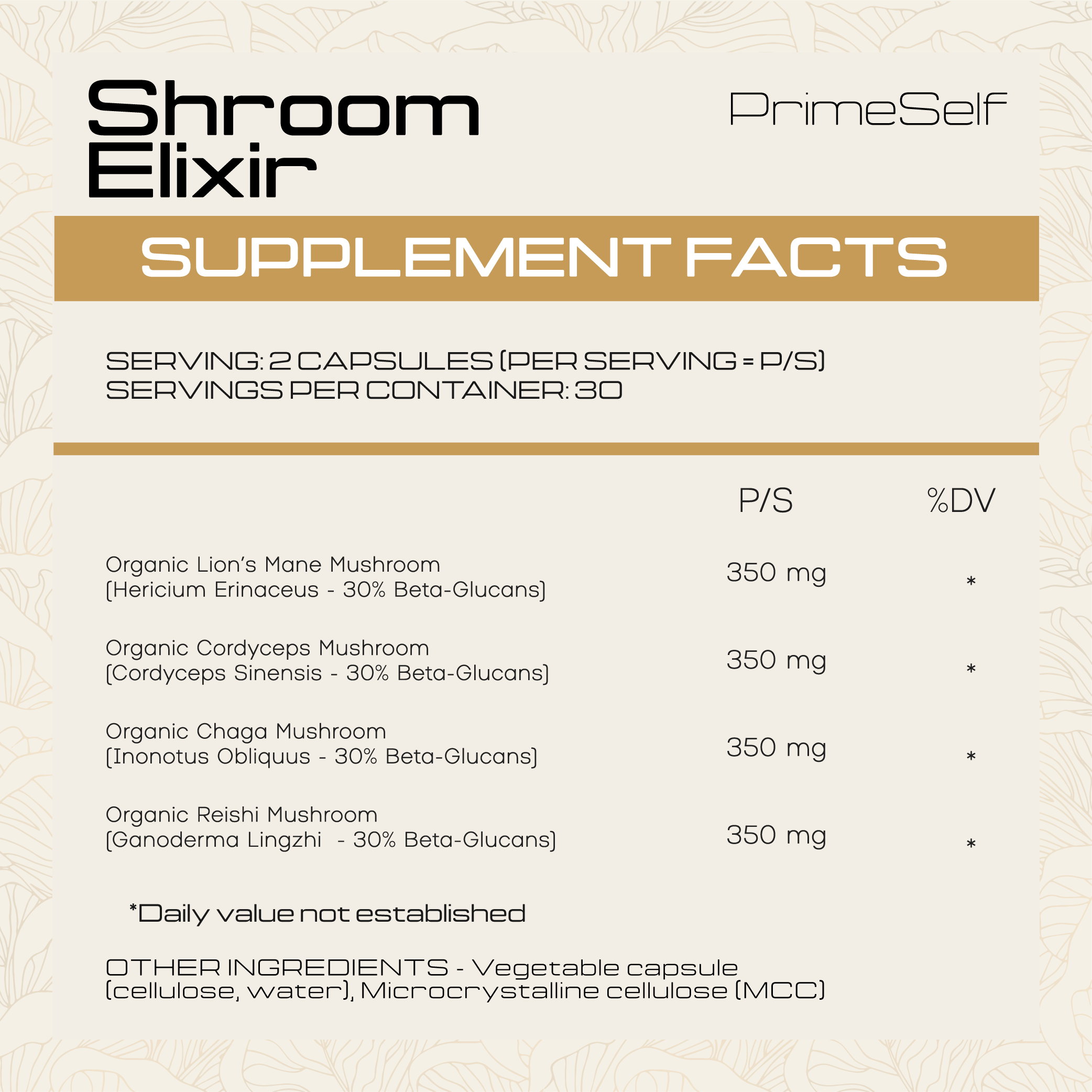 Supplement facts label for Shroom Elixir by PrimeSelf on a beige background