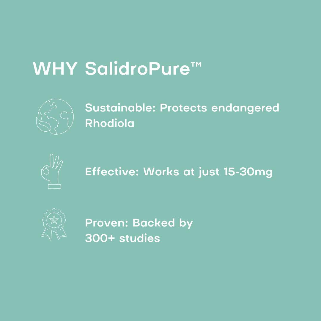 Promotional graphic for SalidroPure with sustainability, effectiveness, and provenance claims on a teal background.