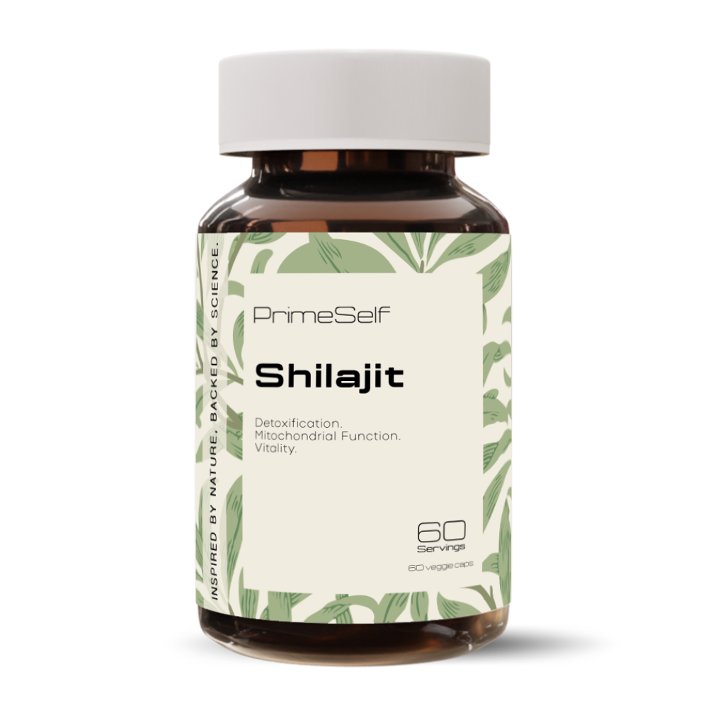 A bottle of PrimeSelf Shilajit supplements with a label featuring green leaves and the name of the product.