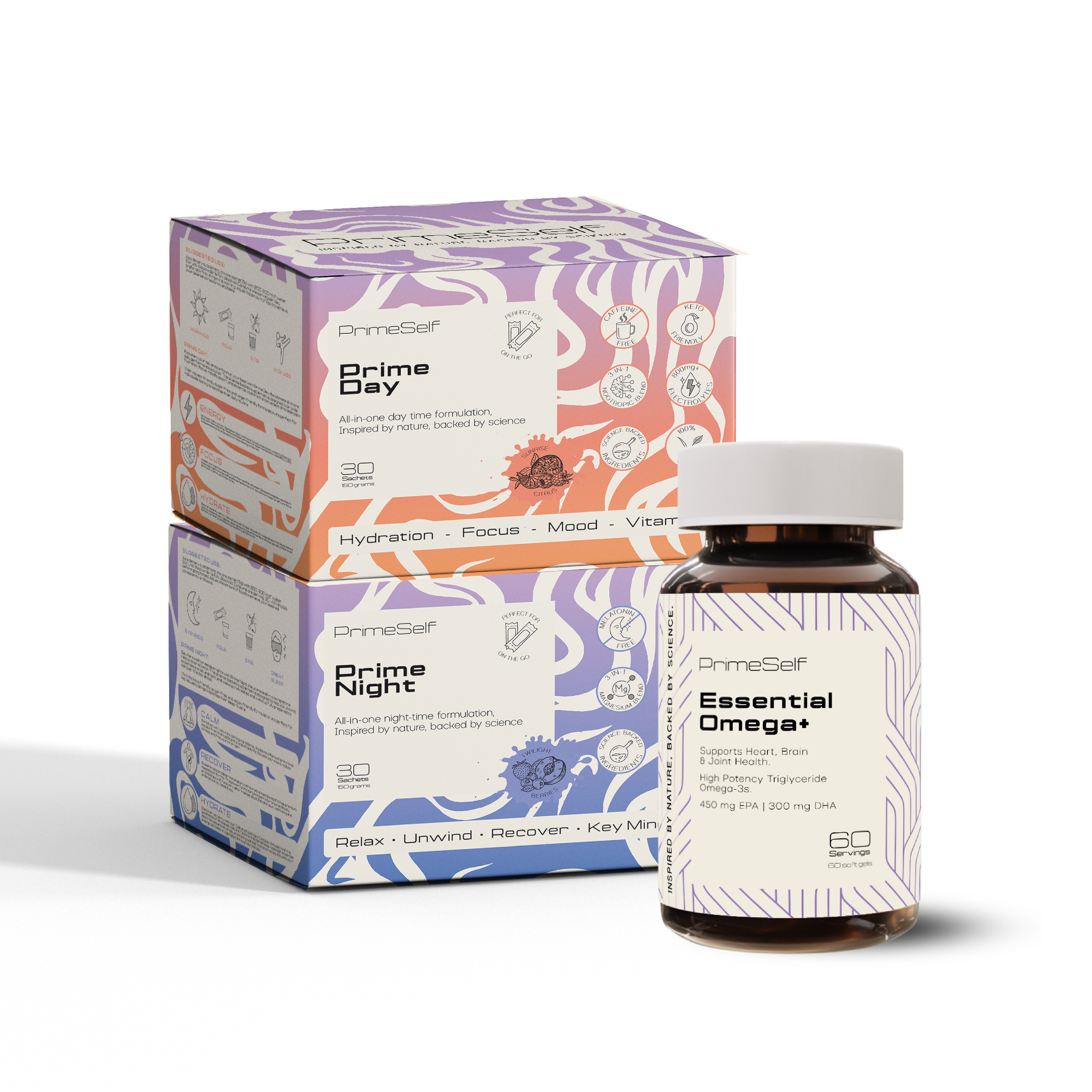 Daily Essentials Stack - front view daily health supplement bundle - PrimeSelf