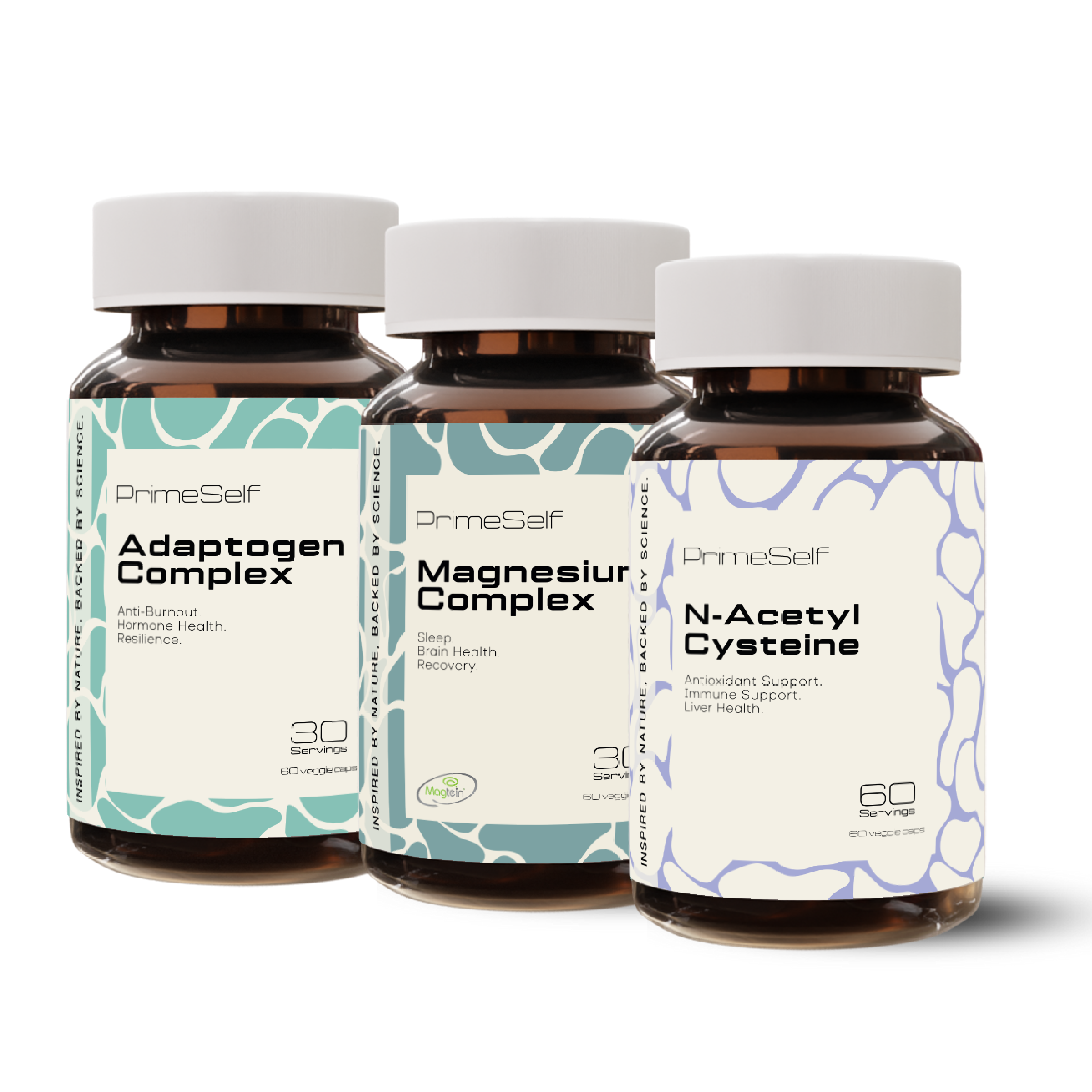 Three supplement bottles labeled as 'Adaptogen Complex', 'Magnesium Complex', and 'N-Acetyl Cystine'. They are part of a female hormone support stack.
