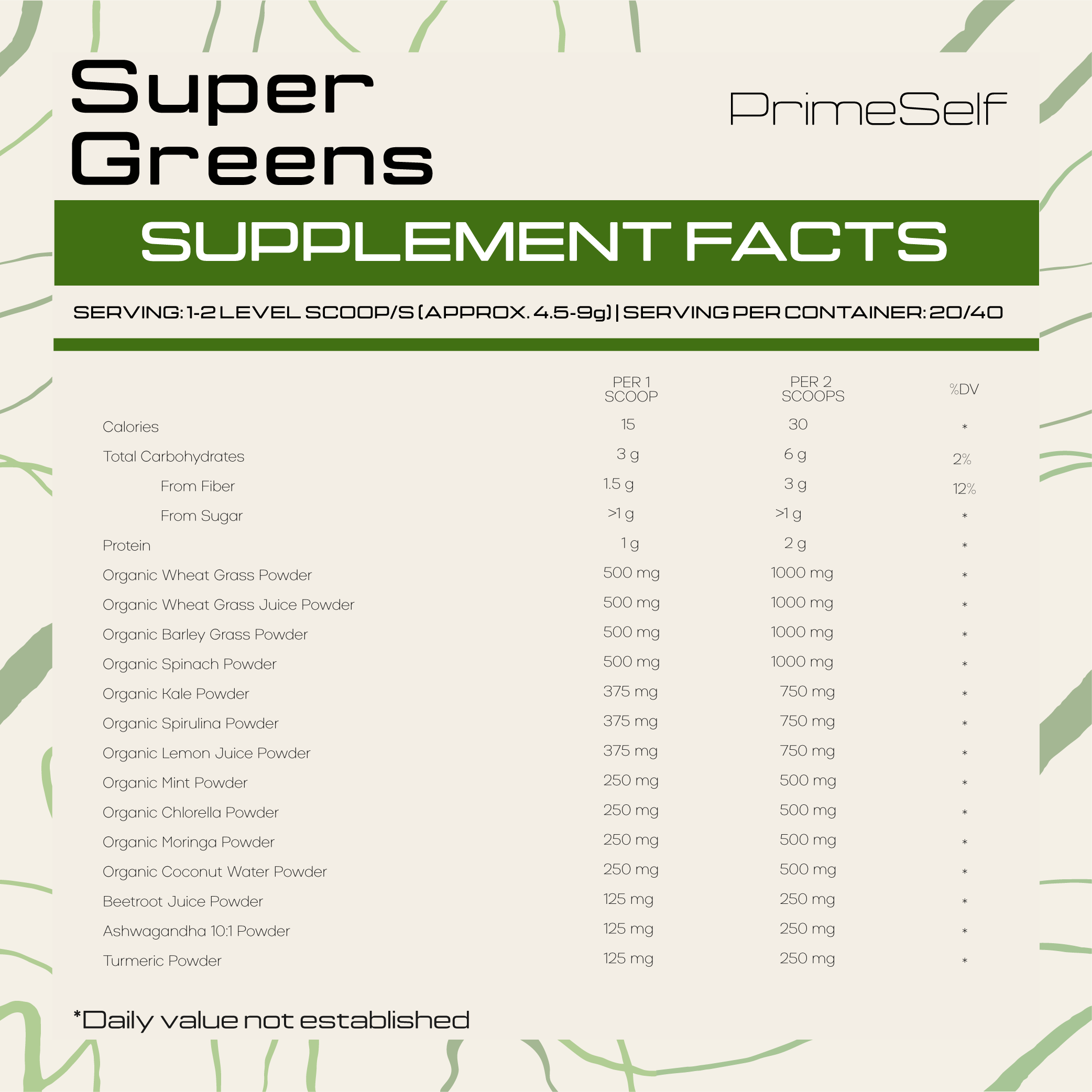 Supplement facts label for Super Greens by PrimeSelf with green leaf background