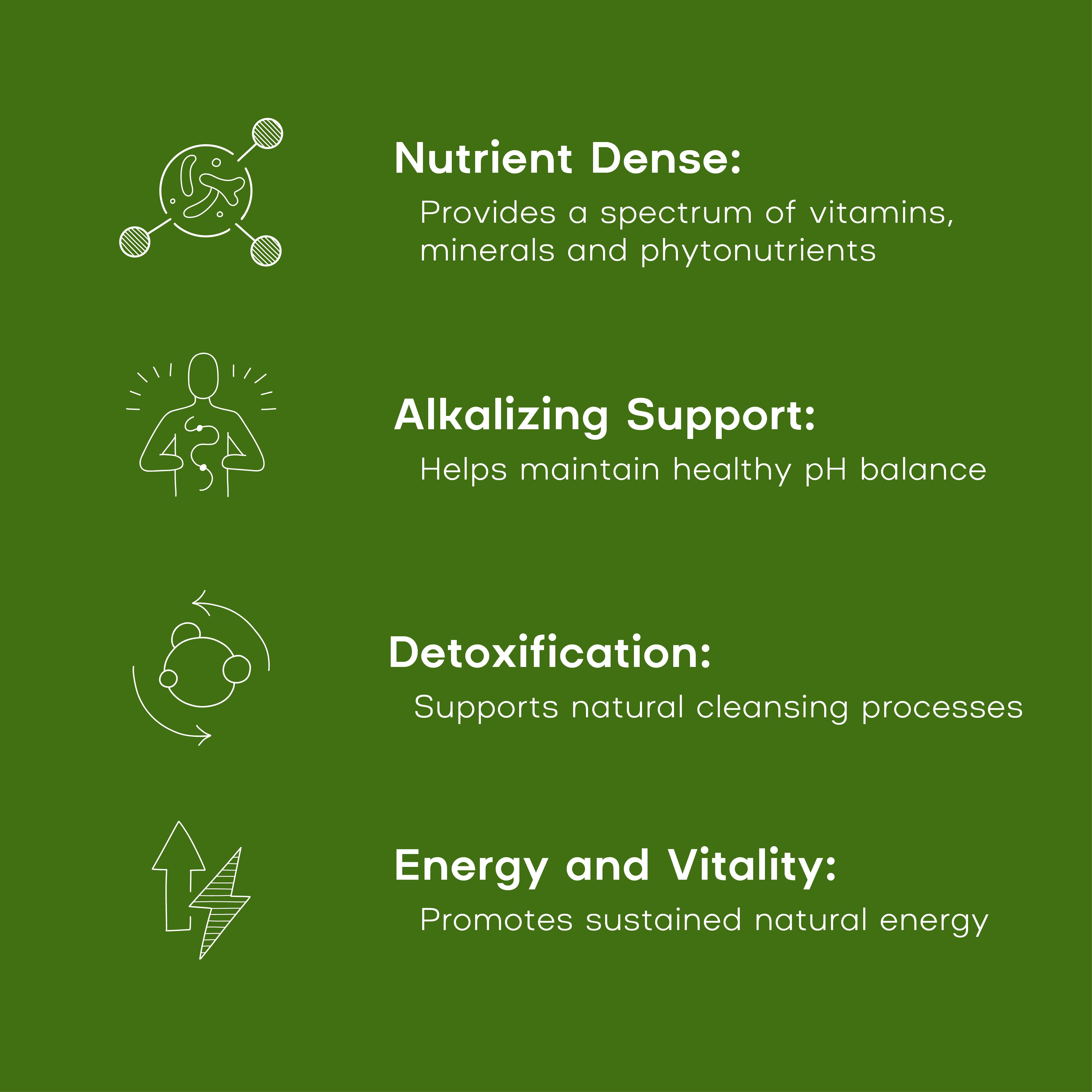 Green background with white text and icons about nutrient dense, alkalizing support, detoxification, and energy and vitality benefits.