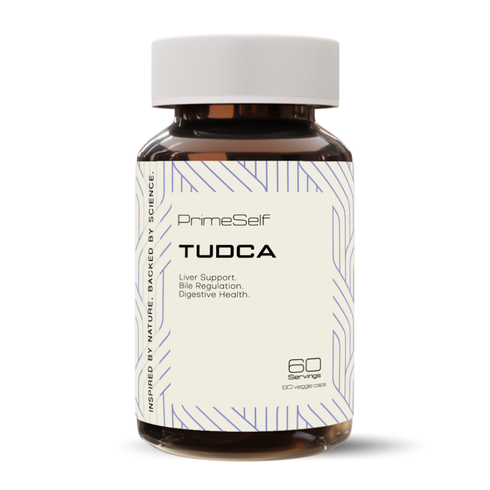 A bottle of PrimeSelf TUDCA supplement with 60 capsules, labeled for liver support and digestive health.
