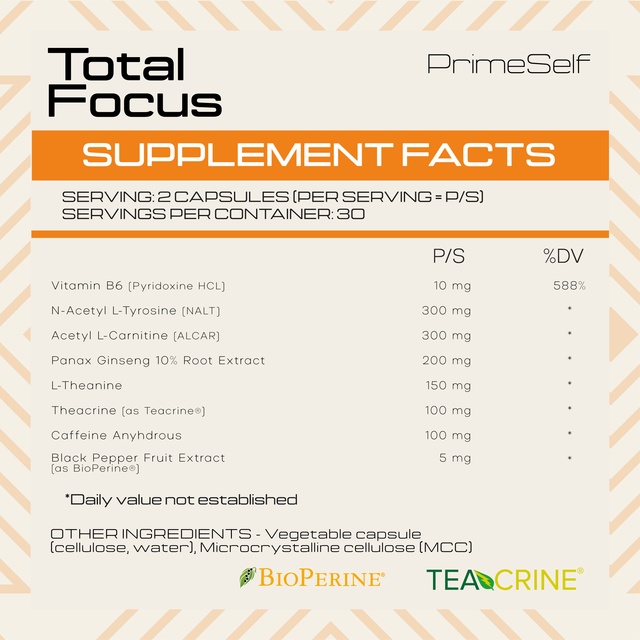 Supplement facts label for Total Focus by PrimeSelf with various ingredients and their amounts.
