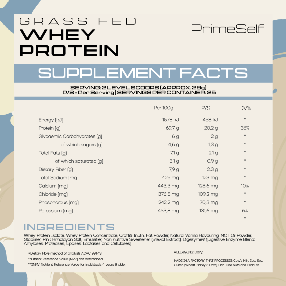 Grass-Fed Whey Protein - vanilla protein tub label view - PrimeSelf