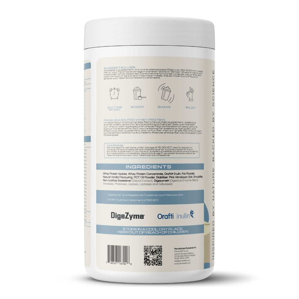 Grass-Fed Whey Protein - vanilla flavour product view - PrimeSelf