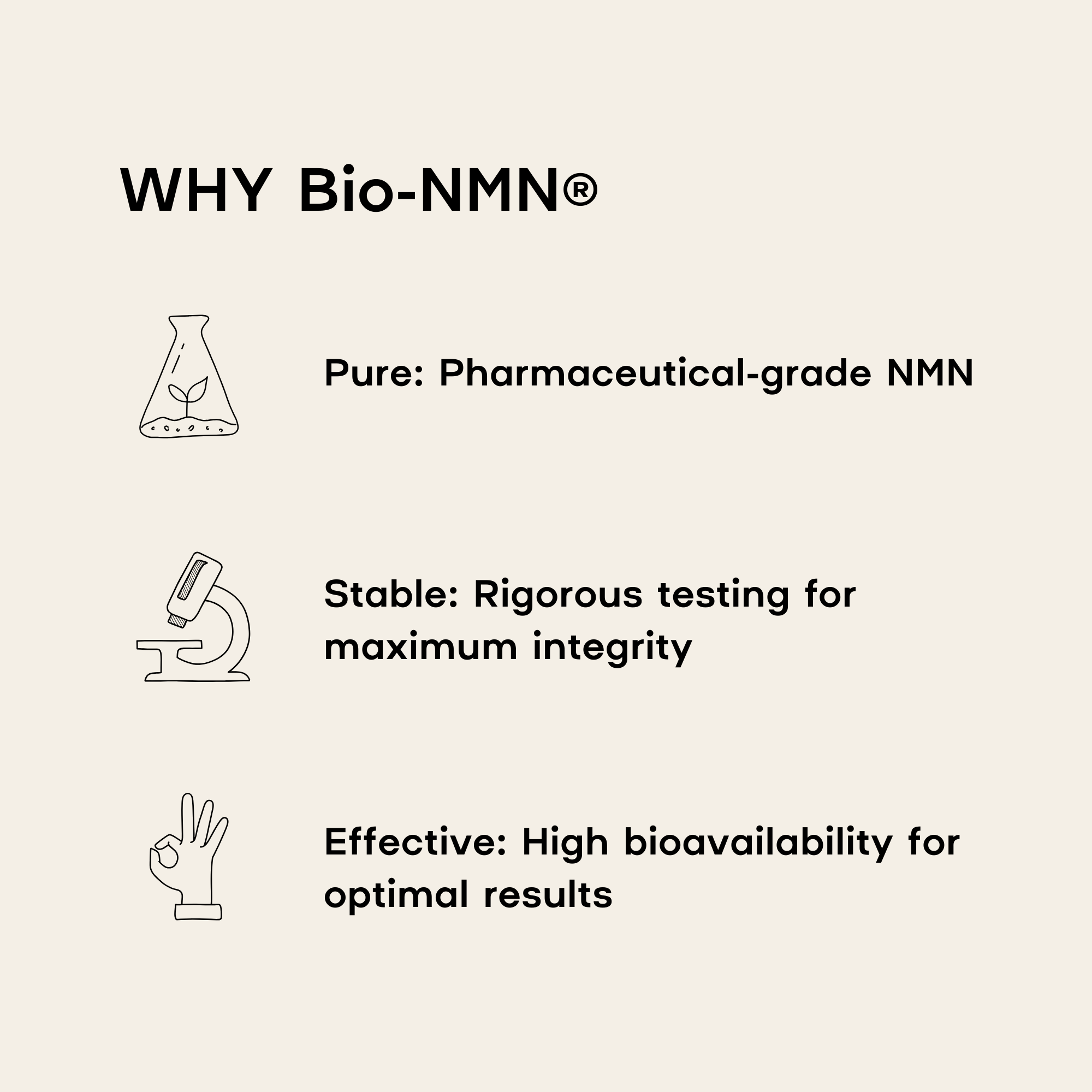 Explanation of why Bio-NMN is pure, stable, and effective on a white background