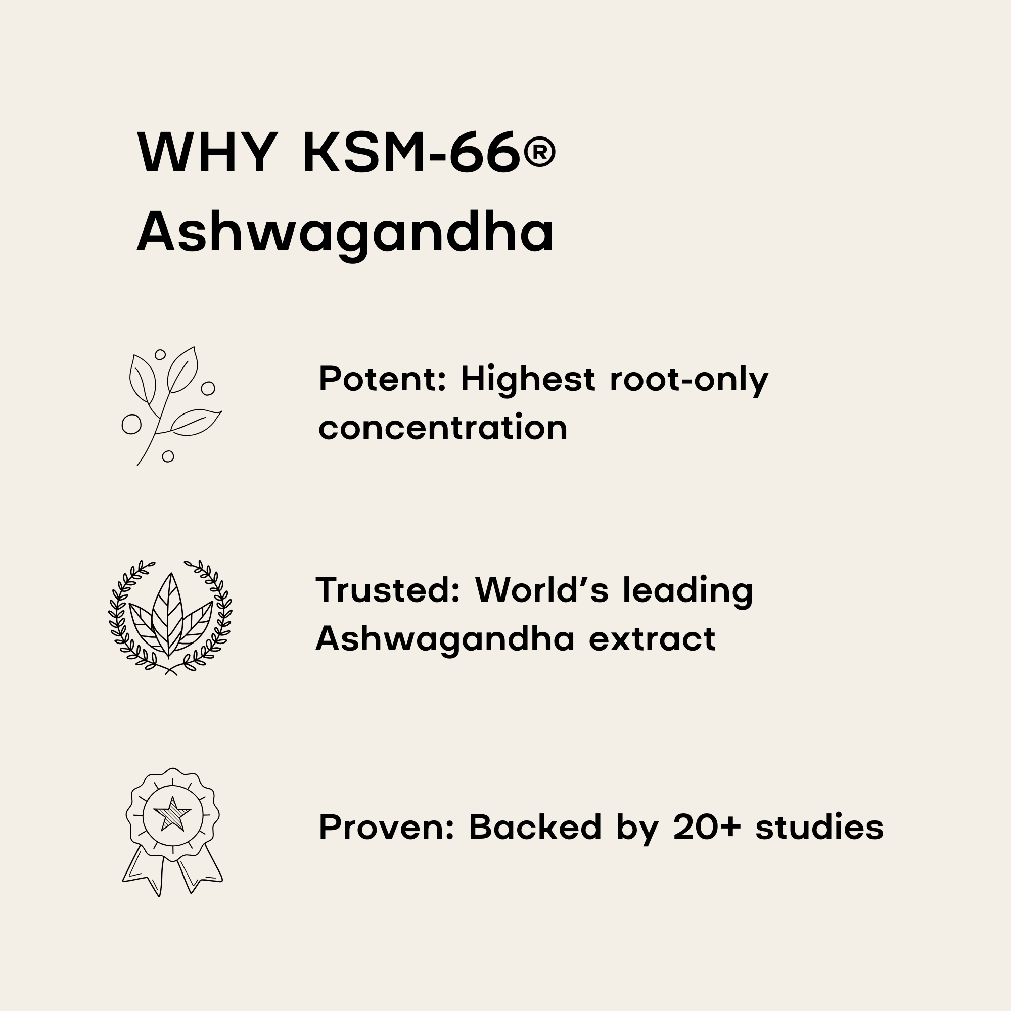 Promotional text about KSM-66 Ashwagandha with icons and text on a light beige background.