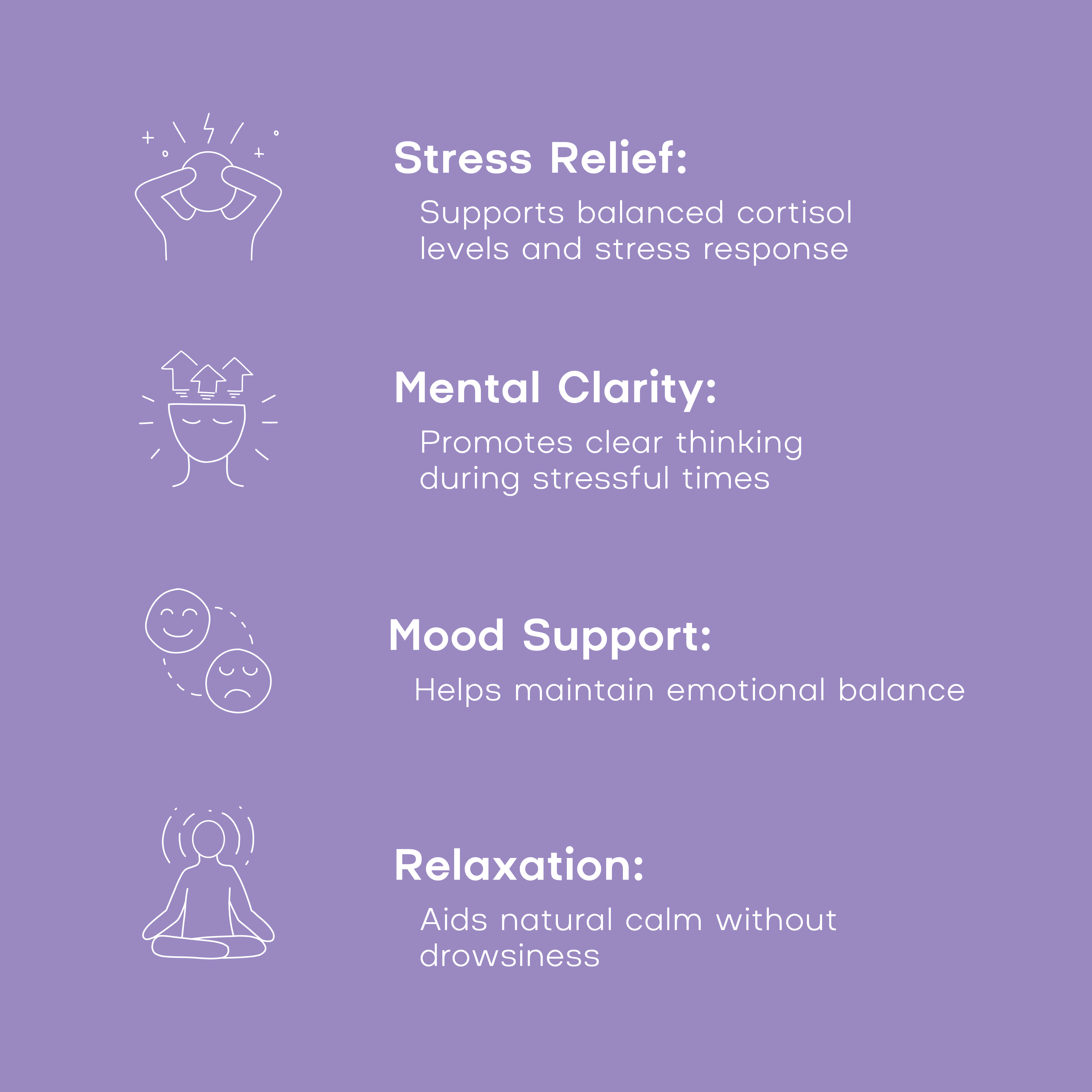 Purple background with white text and icons about stress relief, mental clarity, mood support, and relaxation.