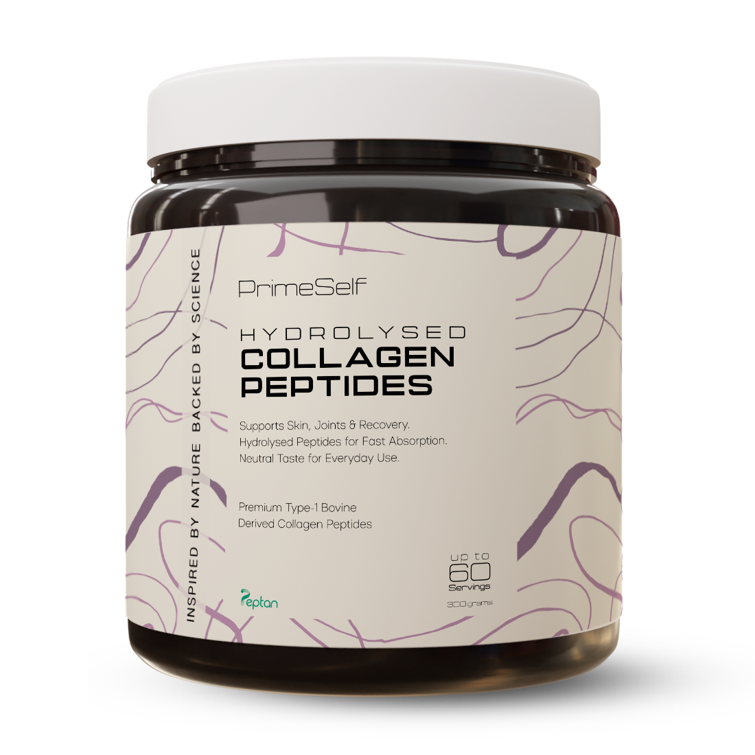 Container of PrimeSelf hydrolysed collagen peptides on a white background