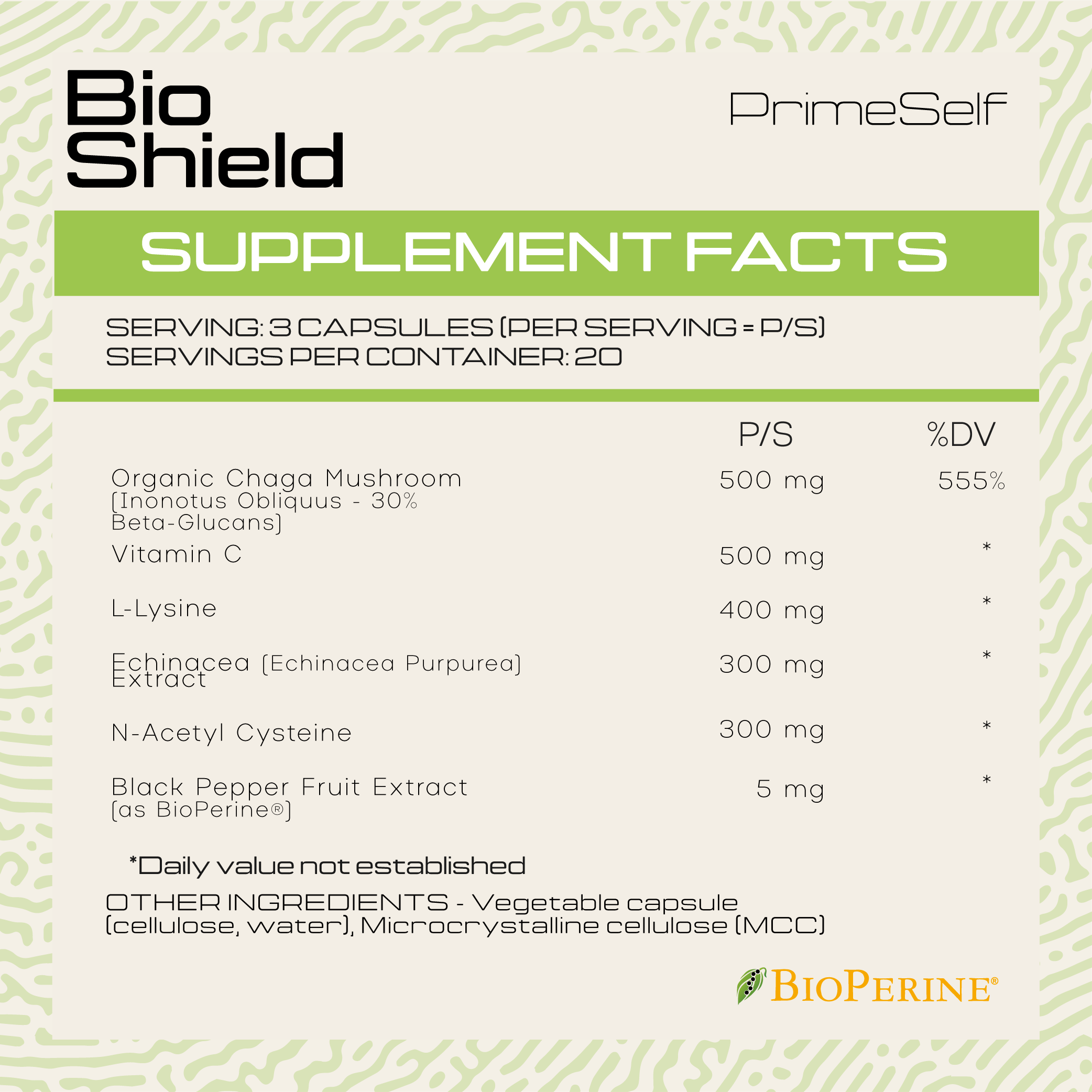 Bio Shield - back label supplement facts - PrimeSelf